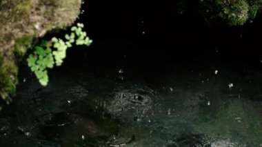 Ağır çekim görüntüleri. Damla damla küçük bir mağarada suya
