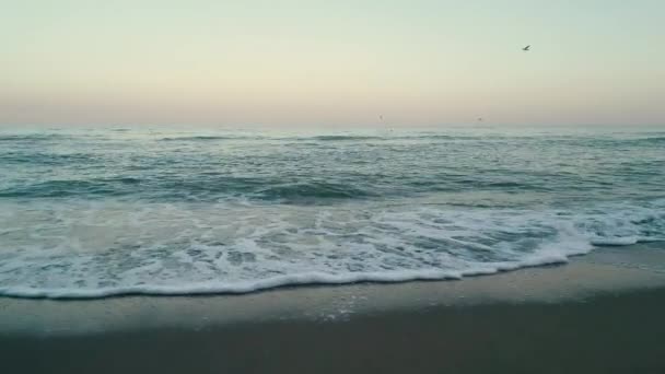 Hava dron görüntüleri. Deniz mavi dalgalar üzerinde de akşam plaj sinek. — Stok video