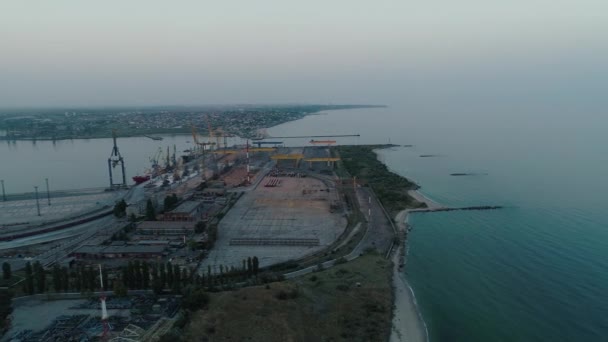 Aerial drone footage. Fly to the Container Port of Ukraine at evening — Stock Video