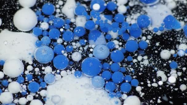 Incroyables bulles blanches et bleues de peinture sur la surface de l'huile. Peinture à l'huile . — Video