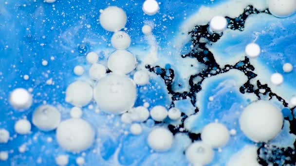 Increíbles burbujas blancas y azules de pintura en la superficie del aceite. Pintura en aceite . — Vídeos de Stock