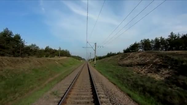 Drone racing view. Fly over railways in forest at sunrise. — Stock Video