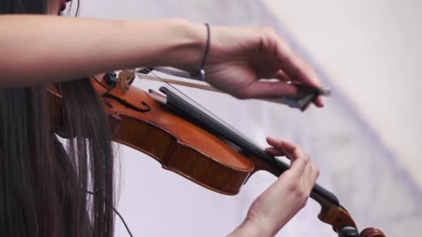 ヴァイオリンクローズアップショット。バイオリニストは演奏を終えた. — ストック動画