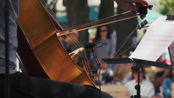 Movimento lento. Violoncelista tocando em um concerto de jazz — Vídeo de Stock