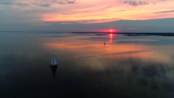 Повітряний безпілотник знімок мирної сцени з яхтами, що плавають на спокійній воді в сутінках . — стокове відео