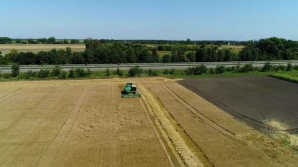 Luchtfoto drone beelden. Vlucht over een tarwe veld met harvestaer langs de snelweg — Stockvideo