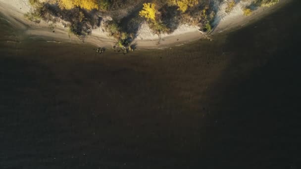 I filmati dei droni aerei. Volo sopra l'isola sul fiume Dnipro in autunno vista dall'alto verso il basso — Video Stock