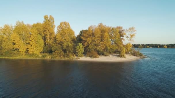 Drohnenaufnahmen aus der Luft. Fliegende Herbstinsel auf dem Fluss — Stockvideo