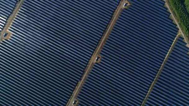 Légi felvétel. Repülés a napelem farm tetején lefelé. Megújuló környezetbarát alternatív energia — Stock videók