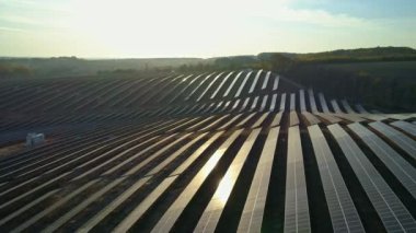 Hava aracı görüntüleri. Sonbahar mevsiminde günbatımında güneş paneli çiftliği üzerinde alçak uçuş.