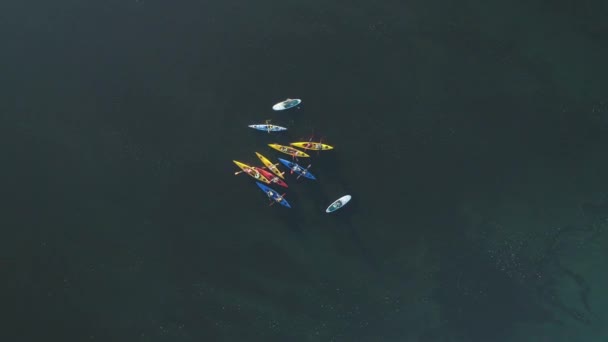 Aerial drone footage. Tourists are kayaking. Top down view — Stock Video