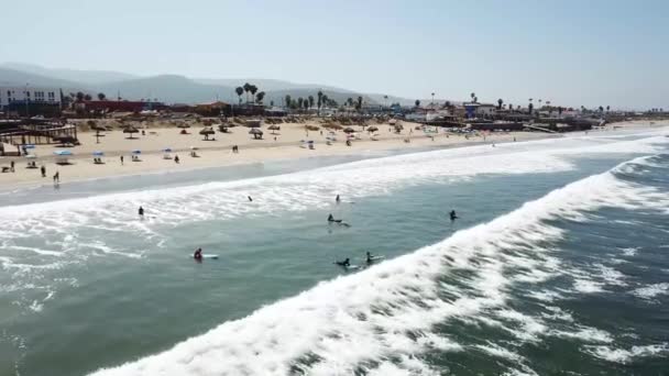 Foto Aérea Playa Californiana Con Niños Aprendiendo Surfear — Vídeos de Stock