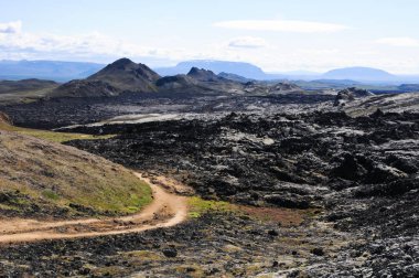 Siyah volkanik topraklara sahip İzlanda manzaraları