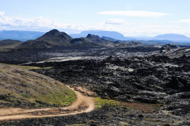 Siyah volkanik topraklara sahip İzlanda manzaraları