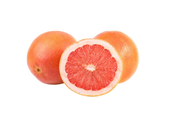 Ganze Grapefruits Und Eine Hälfte Isoliert Auf Weißem Hintergrund — Stockfoto