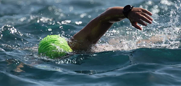 Man Swimmer Swimming Crawl Blue Sea Training Triathlon — Stock Photo, Image