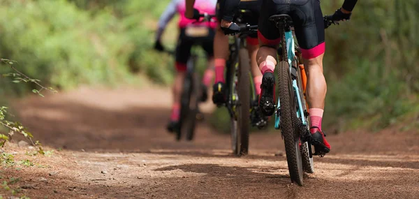 Gruppe Von Athleten Mountainbiken Auf Waldweg Mountainbike Rennen — Stockfoto