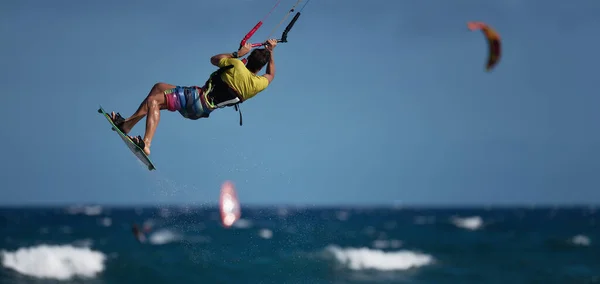 Athletic Man Jump Kite Surf Board Sea Waves — Stock Photo, Image