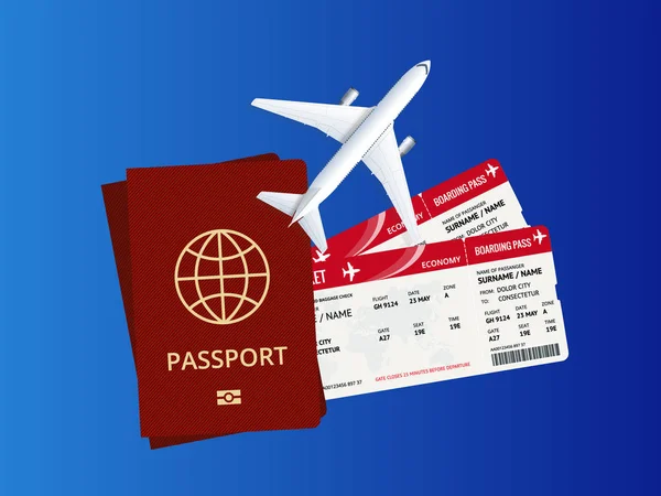 Reizen en toerisme achtergrond. Kopen of online tickets boeken. Reizen, Business vluchten wereldwijd. Vliegreizen wereld globe vliegtickets. Plat isometrische vectorillustratie. — Stockvector