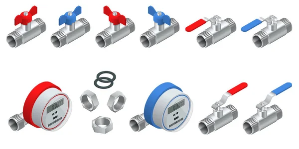 Isometrische set van watermeters voor koud en warm water met pipeline. Vectorillustratie tellers geïsoleerd op witte achtergrond. Sanitaire uitrusting. — Stockvector