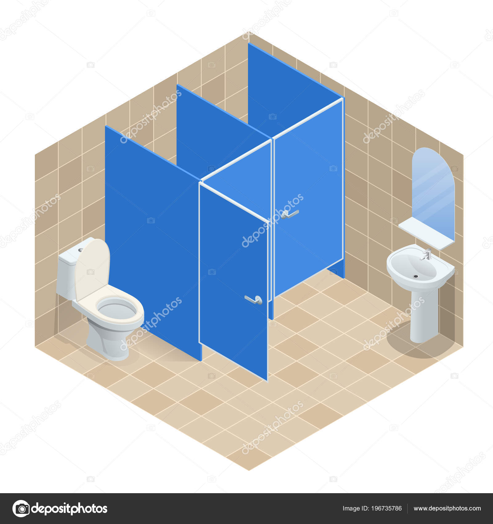 Isometric Row of white ceramic wash basin in public toilet, interior