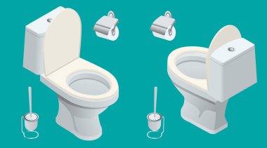 İzometrik tuvalet ekipman toplamalarında iç tasarım. Farklı tuvalet kümesi türleri lavabo. Vektör çizim