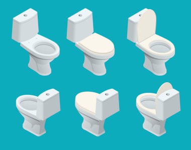 İzometrik tuvalet ekipman toplamalarında iç tasarım. Farklı tuvalet kümesi türleri lavabo. Vektör çizim