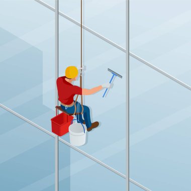 Yıkama ve bir çekçek ile pencere temizleme. İzometrik erkek işçi tulumu Professional onarım windows yüksek katlı içinde. Vektör çizim