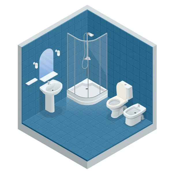 Conceito isométrico de design de interiores do banheiro com cabine de chuveiro, espelho de chuveiro e toalhas, banheiro, bidé, ilustração vetorial —  Vetores de Stock