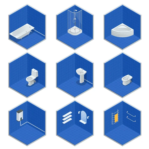 Vector isometric set of bathroom furniture. Jacuzzi, bath, boiler, washbasin, shower, shower, toilet, bidet, dryer, towel, mirror, shelves flat interior design home icons. — Stock Vector