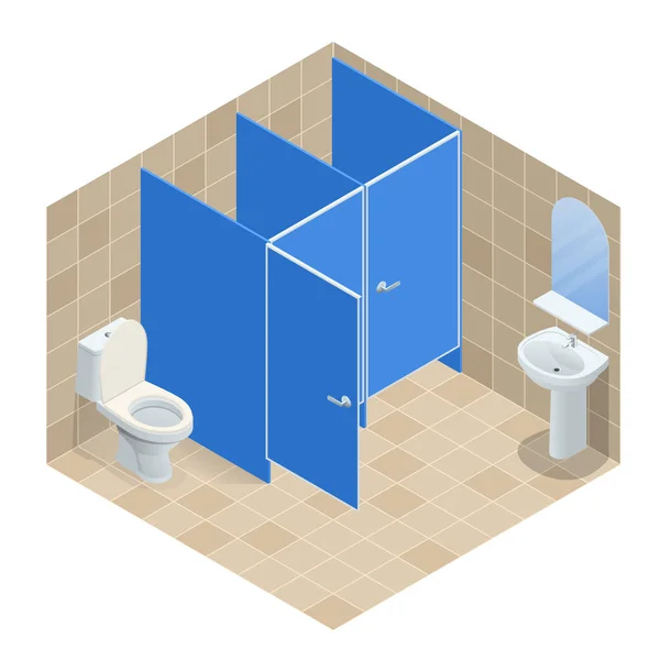 Izometrikus sor fehér kerámia mosdó, nyilvános WC, belsőépítészet. Vektoros illusztráció — Stock Vector