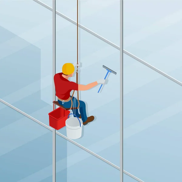 Lavando y limpiando la ventana con una escobilla. Trabajador masculino isométrico en overoles profesionales reparar las ventanas en gran altura. Ilustración vectorial — Vector de stock