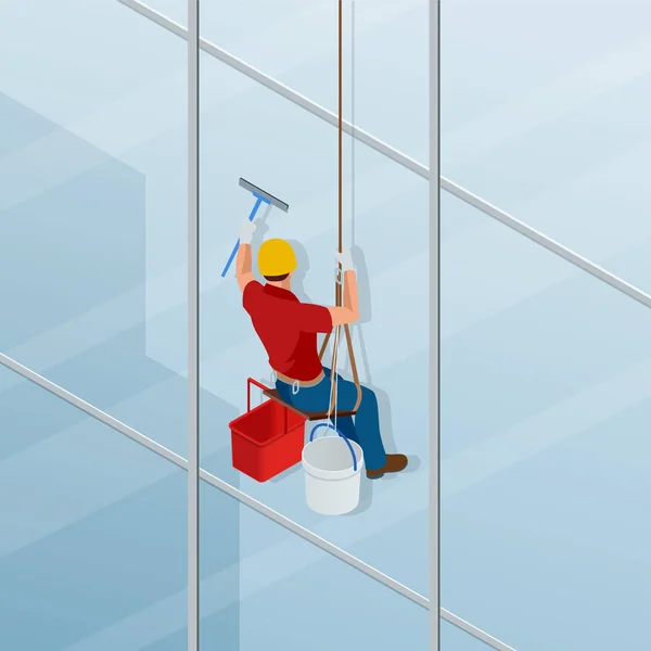 Tvätt och rengöring fönstret med en gummiskrapa. Isometrisk manliga arbetare i overaller professional reparera Fönstren i höghus. Vektorillustration — Stock vektor