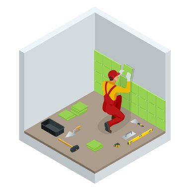 Evde fayans döşeme. Küçük seramik banyo duvarları üzerinde yükleme ve harç mala ile uygulama çalışan. İzometrik vektör çizim.