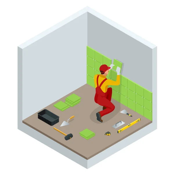 Het leggen van tegels thuis. Werknemer installeren van kleine keramische tegels op de badkamer muren en toepassing van mortel met de truweel. Isometrische vectorillustratie. — Stockvector