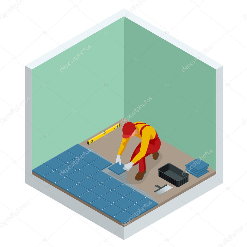 Laying tiles at home. Worker installing small ceramic tiles on bathroom floor and applying mortar with trowel. Isometric vector illustration