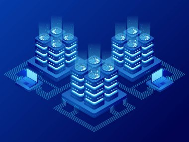 İzometrik veritabanı ağ yönetimi. Büyük veri işleme, geleceğin enerji istasyonu. Bu sunucu teknisyen. Cloud Servisi. Dijital bilgi. Vektör çizim.