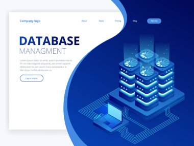 İzometrik veritabanı ağ yönetimi. Büyük veri işleme, geleceğin enerji istasyonu. Bu sunucu teknisyen. Cloud Servisi. Dijital bilgi. Vektör çizim.