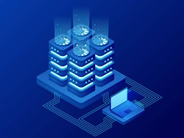 İzometrik veritabanı ağ yönetimi. Büyük veri işleme, geleceğin enerji istasyonu. Bu sunucu teknisyen. Cloud Servisi. Dijital bilgi. Vektör çizim.