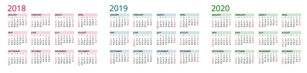 Egyszerű naptár sablon 2020, 2018 és 2019. A héten vasárnap indul. Lapos stílusú színes vektoros illusztráció. Éves Naptár sablon. Álló tájolású. Készlet 12 hónap. — Stock Vector