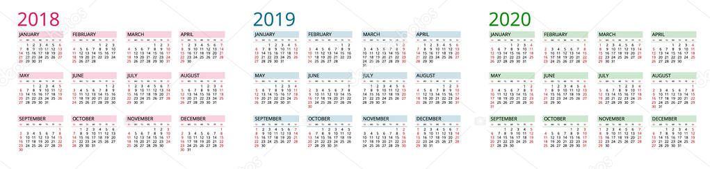 Simple Calendar template for 2018, 2019 and 2020. Week starts from Sunday. Flat style color vector illustration. Yearly calendar template. Portrait Orientation. Set of 12 Months.