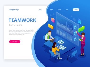 İzometrik iş analizi ve planlama, danışmanlık, takım çalışması, proje yönetimi, mali rapor ve Strateji kavramı. Birlik ve ekip çalışması kavramı. Vektör çizim.