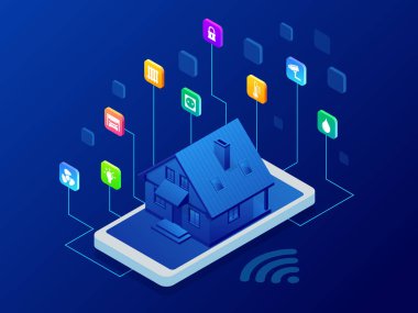 İzometrik akıllı ev teknolojisi aygıt tutan daire iç, kişi bağlı nesneleri artar gerçeklik şeylerin çok Internet görünümünü Ar ile smartphone app ekranda arabirim