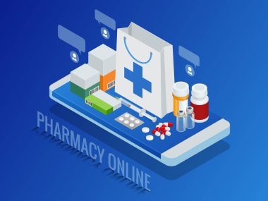 Isometric pharmacy online concept. Finger touch pay button on screen for medicine online payment via application. Pills on smartphone vector illustration clipart
