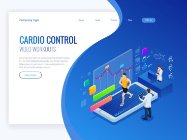 Bir smartphone koşu bandı üzerinde çalışan ve fitness app ve spor doktorlar gözetiminde egzersiz izometrik adam. Kardiyo denetim dijital hareketlilik egzersiz atlet. Sağlık ve uzun ömür