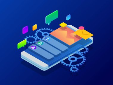 İzometrik Kullanıcı deneyimi, e-ticaret Kullanıcı deneyimini en iyi duruma getirme. Web sitesi ux app geliştirme çizim. Programlama ve kodlama teknolojileri kavram geliştirmek.