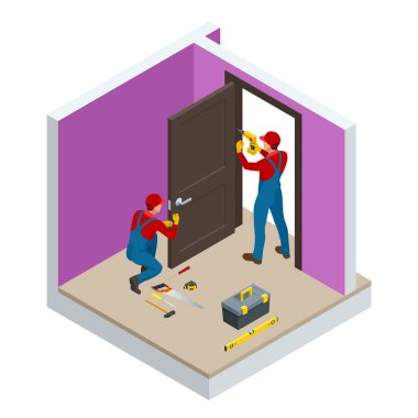 İzometrik handymans beyaz bir kapı bir elektrikli el ile yükleme bir odada matkap. İnşaat Yapı Sanayi, yeni bir ev, inşaat iç. Vektör çizim