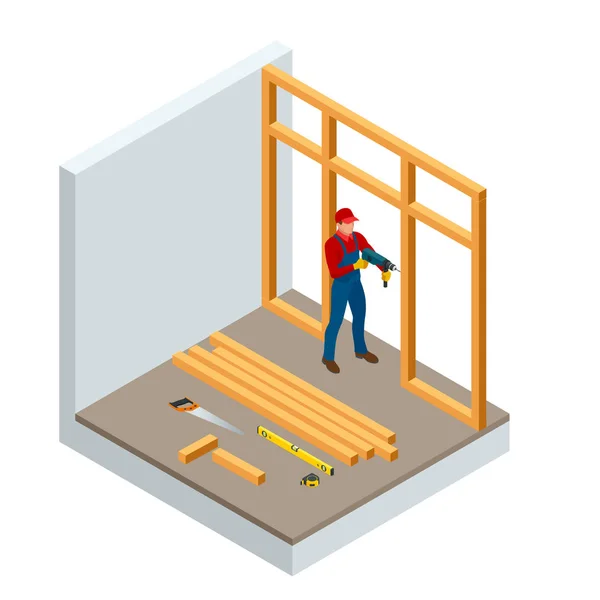 Carpinteros profesionales isométricos perforando madera. Construcción de la industria de la construcción, nuevo hogar, interior de la construcción. Madera aserrada, materiales de madera. Ilustración vectorial — Vector de stock