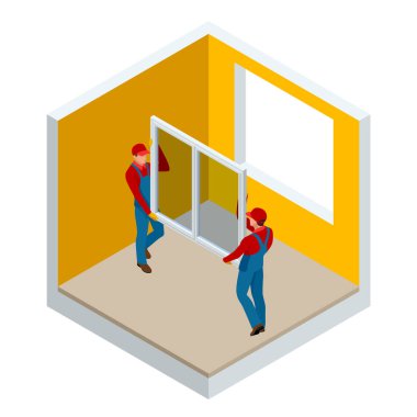 Ev veya apartman konsept içinde pencere eşiği izometrik montajı. Mavi iş elbiseleri iki işçi yeni bir pencere pencere çerçeve içinde ayarlayın. İnşaat inşaat sektöründe, yeni ana sayfa