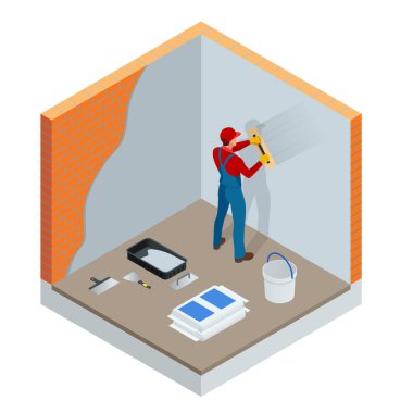 İzometrik sıvacı yenilenen kapalı duvar ve tavan float ve alçı ile. İnşaat bitirme çalışır. İnşaat Yapı Sanayi, yeni bir ev, inşaat iç. Vektör çizim.